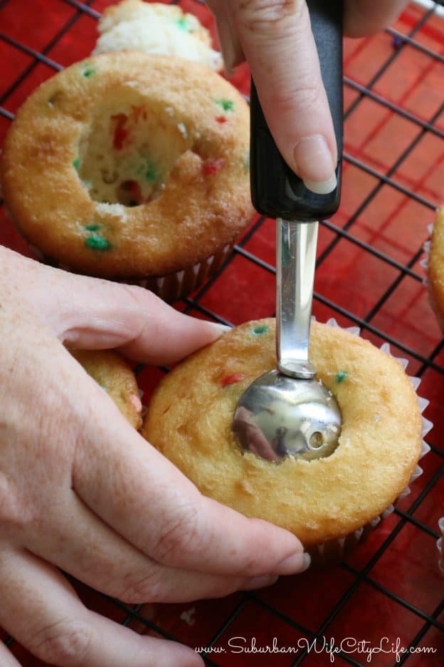 Surprise Cupcakes use a melon baller to create a hole
