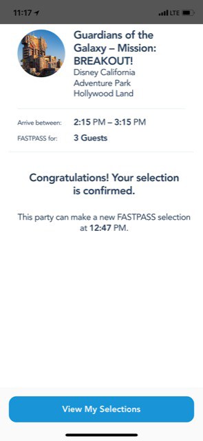 Fastpass selection confirmation Disneyland